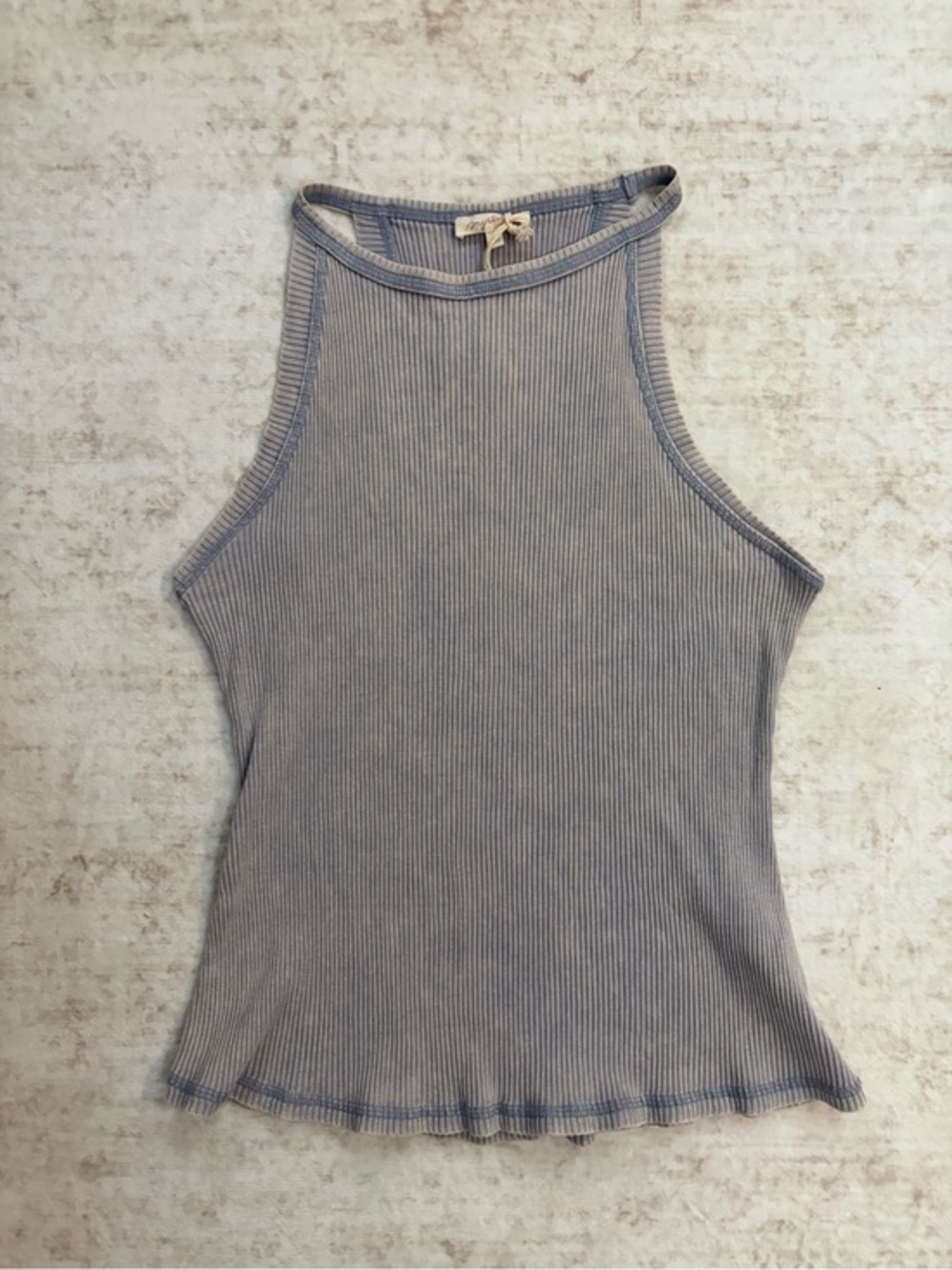 NWT MYSTREE L  Ribbed High-Neck Tank in cool grey-blue mineral wash color